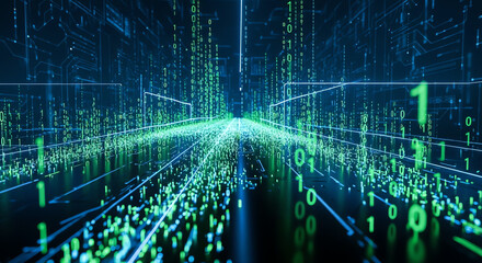 Fototapeta premium Digital Data Stream: Futuristic Binary Code Tunnel with Glowing Green Numbers