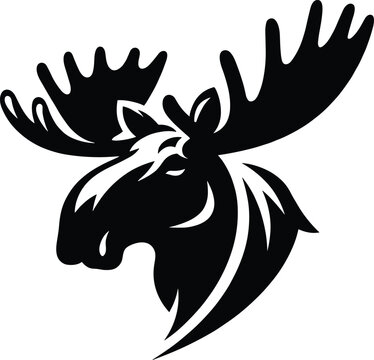 Moose head silhouette illustration, stylized antlers design, black vector art, wildlife animal symbol, bold graphic artwork, nature emblem concept