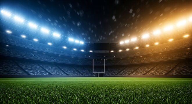 Spectacular world cup soccer football stadium view bright lights illuminate the pitch for intense competition