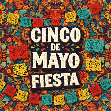 Cinco de Mayo fiesta banner with decorative papel picado and colorful pattern background