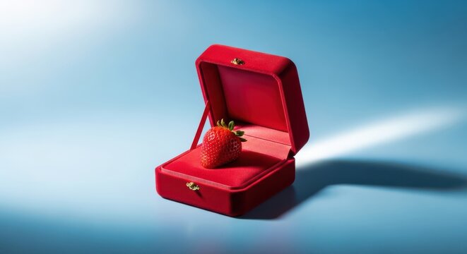 Red velvet jewelry box with fresh strawberry inside