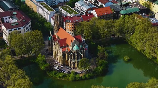  A panoramic aerial view above the Feuersee Church in Stuttgart, the capitol city of Baden-W&uuml;rttemberg in Germany on a sunny spring day