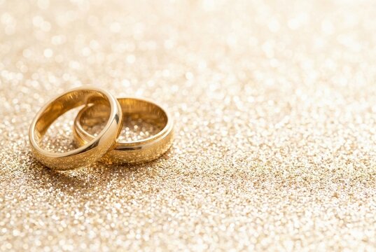 close-up of two golden wedding rings resting on sparkling glitter with elegant bokeh background. perfect for wedding-themed visuals, invitations, and jewelry advertisements