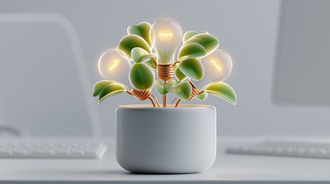 Ein kleiner leuchtender Baum mit Gl&uuml;hbirnen als Bl&auml;tter steht in einem wei&szlig;en Topf auf einem Schreibtisch vor einem unscharfen Laptop