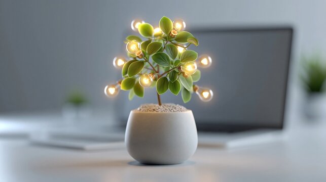 Ein kleiner leuchtender Baum mit Gl&uuml;hbirnen als Bl&auml;tter steht in einem wei&szlig;en Topf auf einem Schreibtisch vor einem unscharfen Laptop