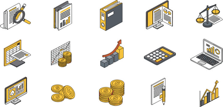 Isometric financial accounting vector icon set featuring 15 yellow and gray symbols including ledger audit charts coins and calculator for business