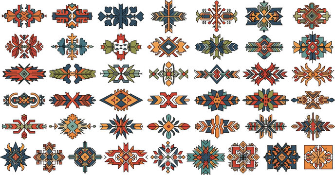 Ethnic geometric ornament collection with tribal motifs and symmetrical decorative elements in folk style for pattern and design use