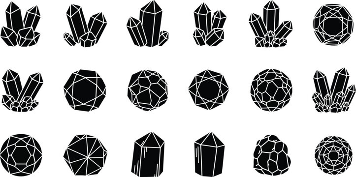 A set of black and white crystal illustrations in various shapes and forms.