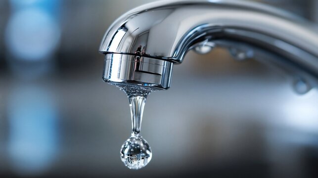 Nahaufnahme eines gl&auml;nzenden Wasserhahns aus Chrom, aus dem ein einzelner Wassertropfen f&auml;llt