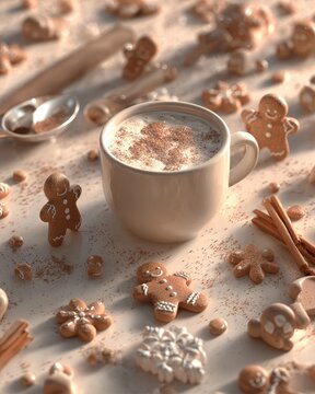 Warm beverage with gingerbread cookies on a festive surface