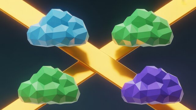 Abstract low poly colorful clouds with golden crossed beams