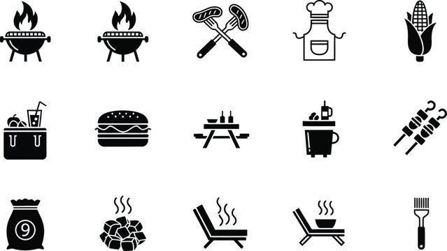 A set of black and white vector icons depicting various carnival and festival symbols and objects