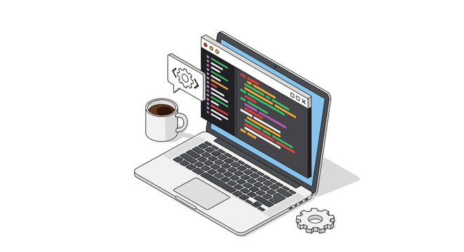 Isometric Laptop Illustration for Software Development and Web Design Concepts with Code Editor and Coffee