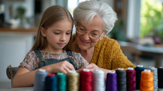 352Grandmother teaches granddaughter traditional embroidery stitches at dining table, colorful thread spools arranged in afternoon window light, perfect for textile arts mentorship, n