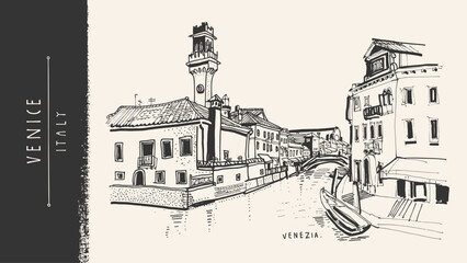 Venice Italy sketch postcard. Murano, Burano island canal street, gondola, boats. Adriatic sea waterfront, Venetian houses, cityscape view. Vintage hand drawn vector illustration, architecture bg © babayuka