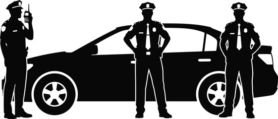 Silhouette illustration of police officers with patrol car, law enforcement teamwork, public safety presence, protective authority figure, security design art © Mehedi