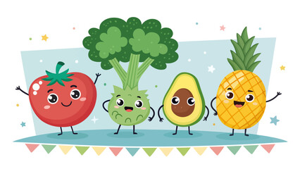 Fototapeta premium Cute and happy cartoon fruits and vegetables characters tomato, broccoli, avocado, and pineapple standing together on a light blue stage