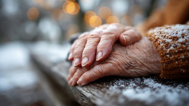 Nahaufnahme zweier gefalteter &auml;lterer H&auml;nde auf einer verschneiten Steinoberfl&auml;che