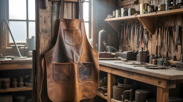 Artisan workshop leather apron and tools on wooden workbench