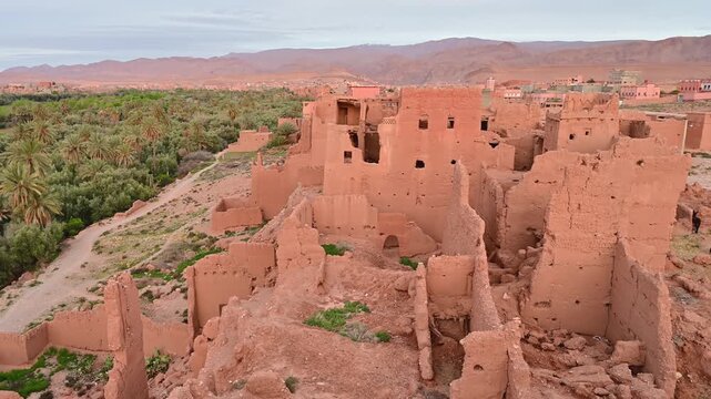 Ancient mudbrick kasbah ruins in Tinghir oasis, Morocco