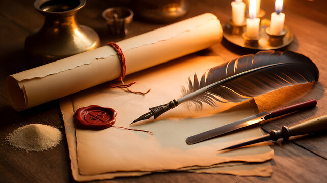 Antique writing setup quill ink scroll and wax seal