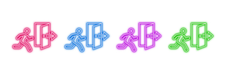 Neon glowing exit sign vector icons set, escape, leaving, door, running person, emergency, safety, human figure, motion graphic illustration on transparent background. © MdSumon