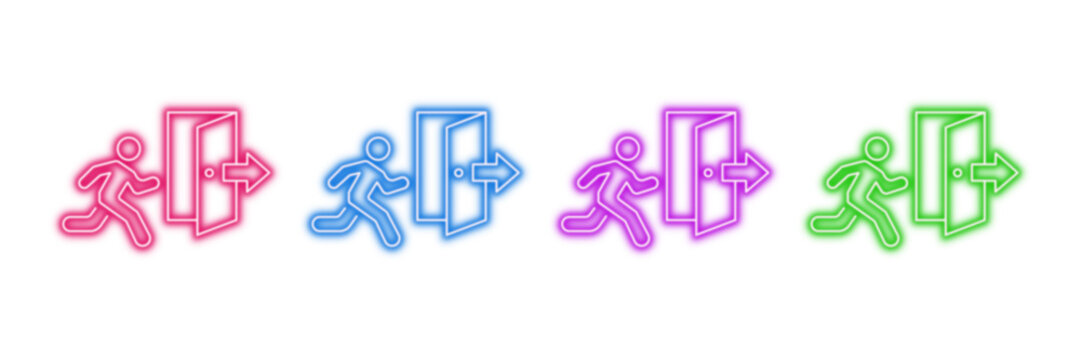 Neon glowing exit sign vector icons set, escape, leaving, door, running person, emergency, safety, human figure, motion graphic illustration on transparent background.