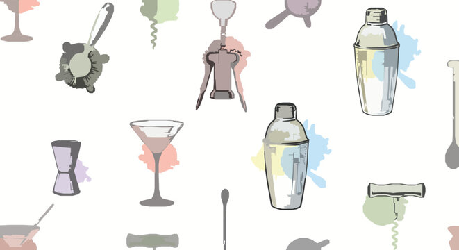 Seamless cocktail pattern with bar tools and watercolor splashes hand drawn vector illustration
