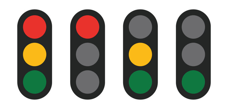 Traffic light icon set, traffic signal signs for street regulation system, urban road safety symbols for city transportation control isolated design.
