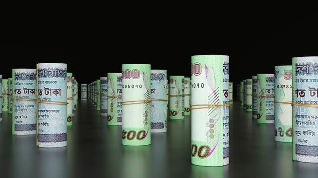 3D Camera Left to Right Motion of Bangladeshi Taka Inspired 500 Currency Note Cylinders &ndash; Financial Background Animation