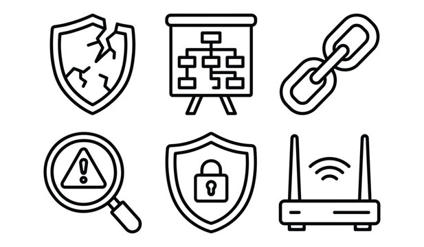 Professional cyber security and network management thin line icon collection with security management wireless protection