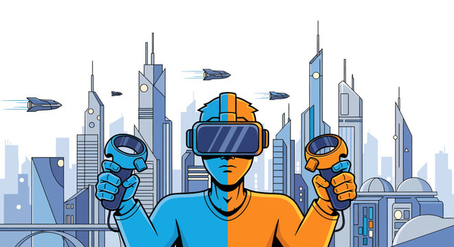 Person wearing VR headset in futuristic cityscape with technology