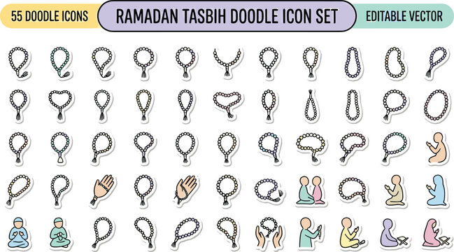 Ramadan tasbih doodle icon set with prayer beads Muslim worship dhikr Islamic spirituality editable vector religious collection