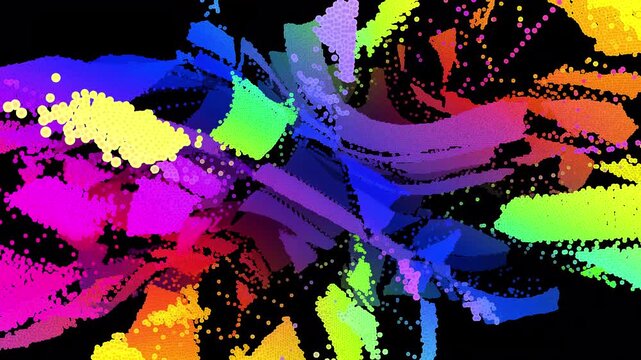 Abstract rainbow particles exploding in dynamic motion across black background with energy.