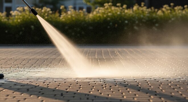 High-pressure spray cleans paved area