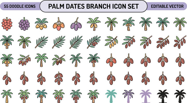 Palm dates branch doodle icon set with date fruit palm tree leaves botanical editable vector tropical collection