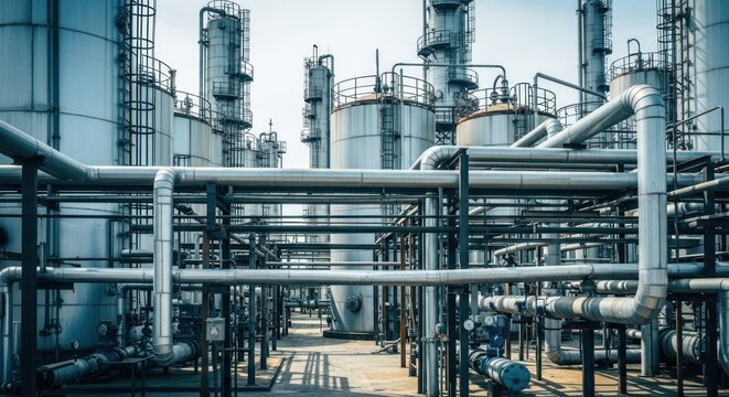 Industrial plant with complex piping and towers