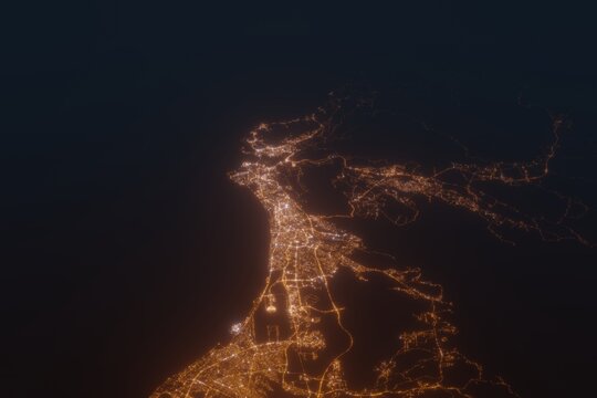 Aerial shot on Mascat (Oman) at night, view from west. Imitation of satellite view on modern city with street lights and glow effect. 3d render