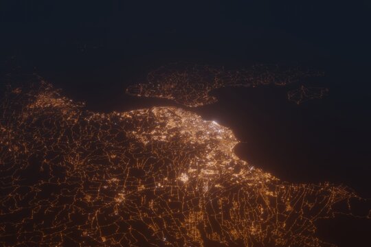 Aerial shot on Davao (Philippines) at night, view from west. Imitation of satellite view on modern city with street lights and glow effect. 3d render