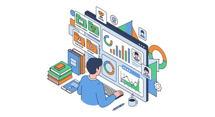 Obraz premium Isometric E-learning Platform Illustration with Student Analyzing Dashboard Data, Course Progress, and Educational Analytics on Computer Screen