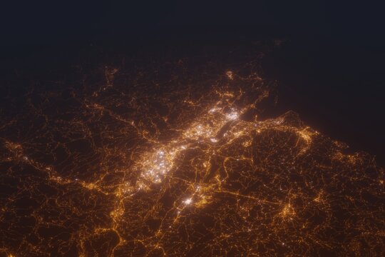 Aerial shot on Bilbao (Spain) at night, view from east. Imitation of satellite view on modern city with street lights and glow effect. 3d render