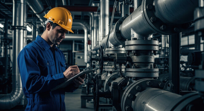 Systems engineer analyzing complex machinery in a dimly lit industrial environment Generative AI 