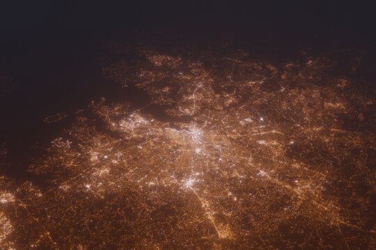 Aerial shot of Baltimore (Maryland, USA) at night, view from north. Imitation of satellite view on modern city with street lights and glow effect. 3d render