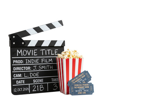 Movie production clapperboard with popcorn and cinema tickets