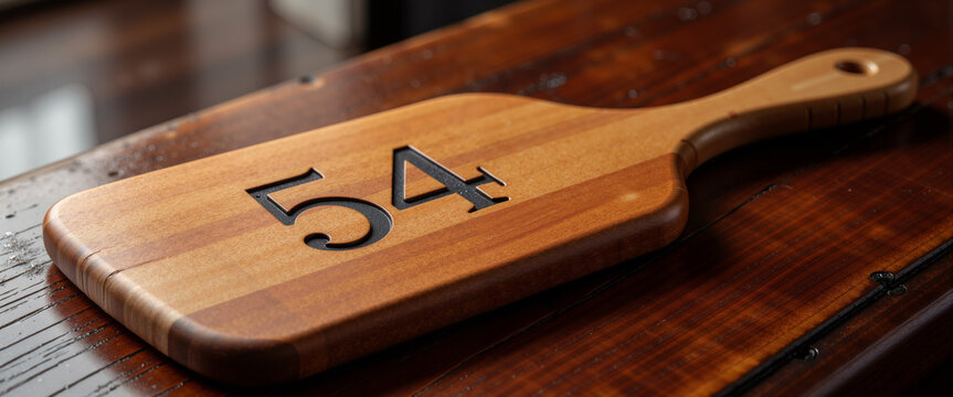 Wooden auction paddle marked with number 54 on wooden table  