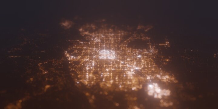 Street lights map of Denver (Colorado, USA) with tilt-shift effect, view from south. Imitation of macro shot with blurred background. 3d render, selective focus
