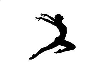 Fototapeta premium Graceful Dance Silhouette: A dynamic silhouette captures a dancer in mid-air, embodying the fluidity and artistry of movement, poised against a minimalist backdrop.