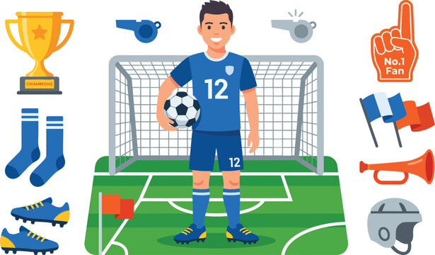 Soccer Player Kit Vector Set, Kids Football Character with Sports Equipment Collection