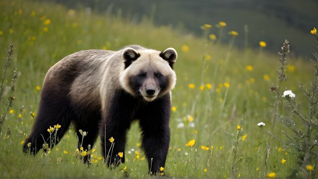 An intricate golden rift illuminates a serene spring bloom valley with a wolverine