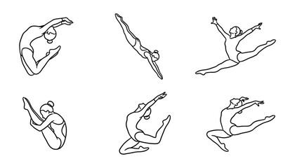 Obraz premium Minimalist Gymnastics Pose Line Art Set Black and White Outline Female Gymnast Vector Collection
